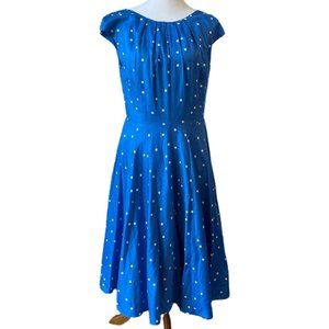 Boden Polka Dot Fit Flare Dress Cotton Womens Size 8 Blue Midi Lined